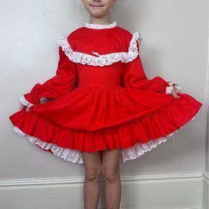 Vintage 1980s Red Frilly Dress with White Eyelet Trim, Kandy Ann Girls Size 6X